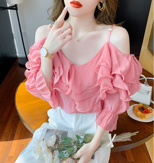 Blusa Chiffon Hombros Descubiertos con Volantes para Mujer - Image 4