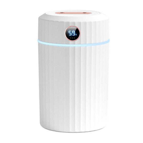 Pink cylindrical humidifier with ribbed texture, digital display showing 59%, and a light blue LED ring. - Image 3
