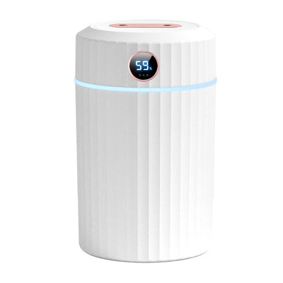 Pink cylindrical humidifier with ribbed texture, digital display showing 59%, and a light blue LED ring. - Image 3