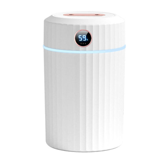 Pink cylindrical humidifier with ribbed texture, digital display showing 59%, and a light blue LED ring. - Image 3