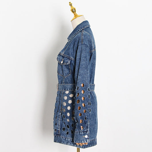 Chaqueta Denim Suelta con Diseño Hueco en Solapa y Amarre - Image 4