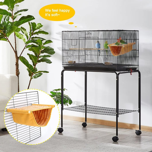 Gray and cream two-tier pet hammock with plush interior, hanging in a wire cage with three small birds. - Image 12