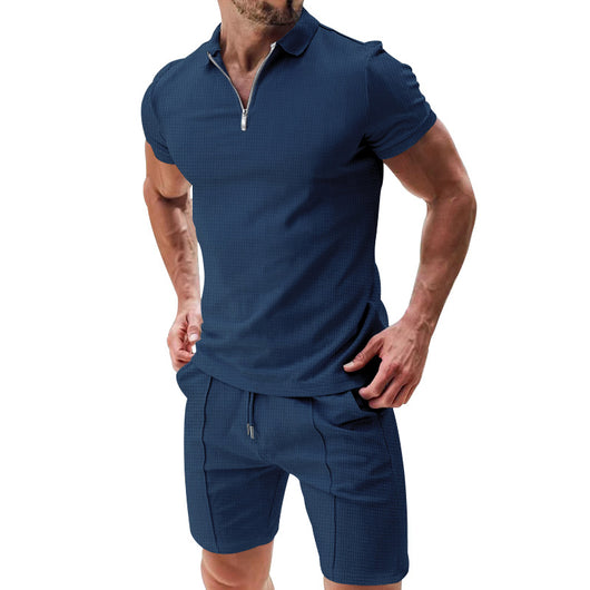 Conjunto Casual de Dos Piezas en Waffle para Hombre - Playera y Shorts con Cremallera - Image 6