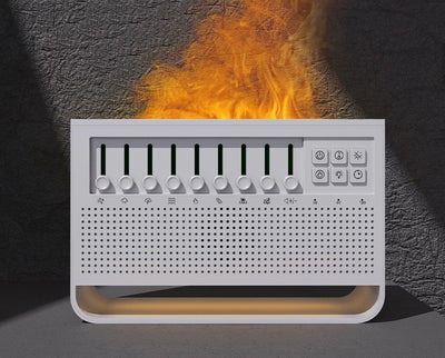 White noise simulation flame aromatherapy machine with multiple sound sliders, control buttons, and a perforated speaker grille. - Image 6