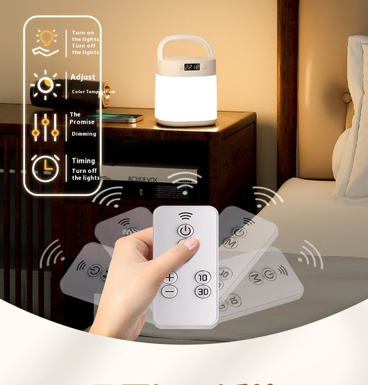 White rechargeable LED table lamp with a digital clock display and a light gray carrying handle. - Image 19