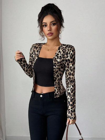 Cardigan Blusa Manga Larga Estampado Leopardo con Contraste de Colores para Mujer - Image 9