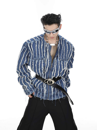 Chaqueta Denim Sin Cuello con Rayas 3D y Flecos Lavados - Image 2