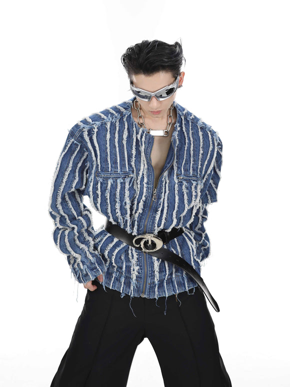 Chaqueta Denim Sin Cuello con Rayas 3D y Flecos Lavados