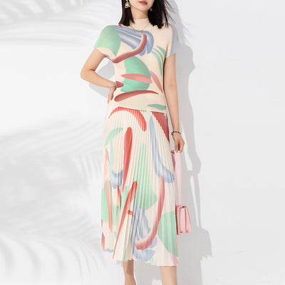 Conjunto de Dos Piezas Elegante con Blusa Plisada y Falda Estampada - Image 6