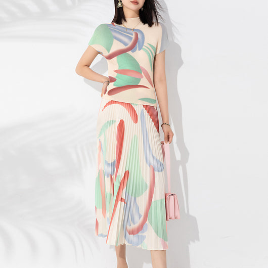 Conjunto de Dos Piezas Elegante con Blusa Plisada y Falda Estampada - Image 6