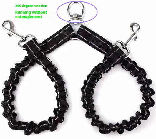 Black double-ended pet traction rope with reflective stitching, two elasticized leash segments, and metal snap hooks. - Image 12