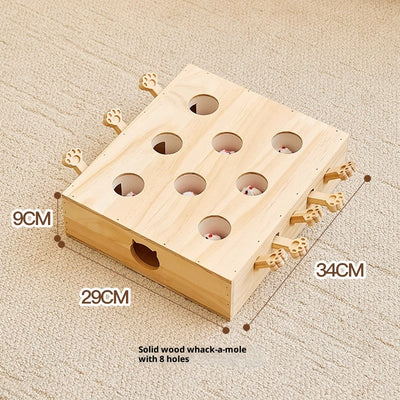 Solid wood whac-a-mole cat toy with 8 holes, featuring small white mouse figures and paw-shaped levers. - Image 10