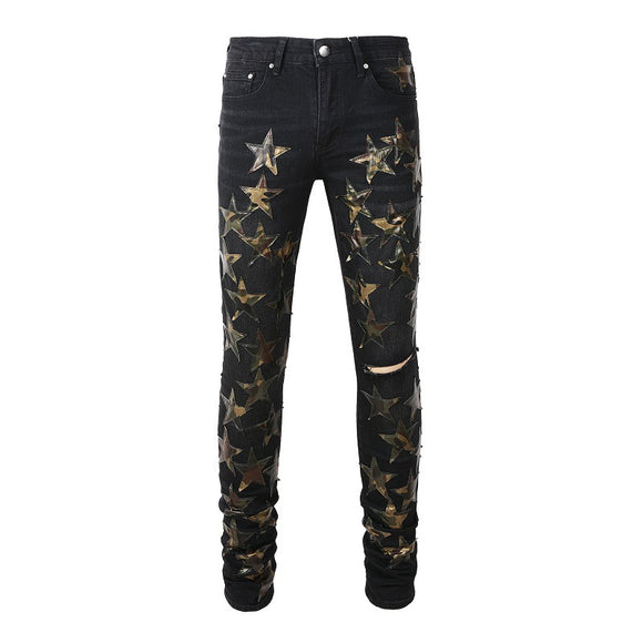 Calça Jeans Rasgada de Couro com Estrela - Tendência Street Style