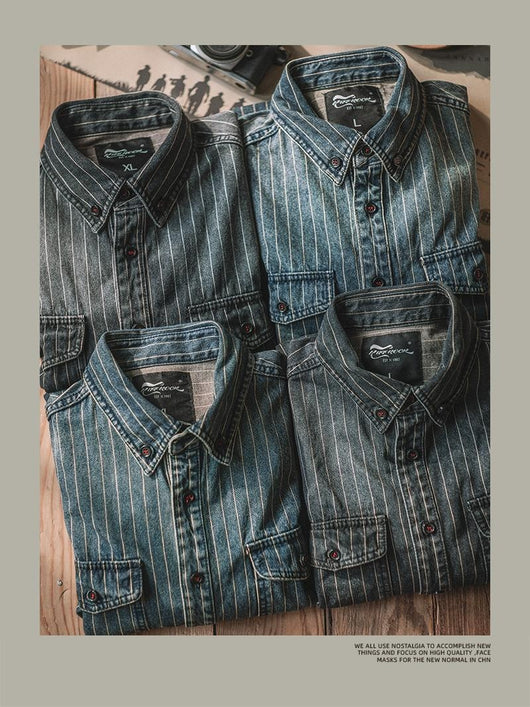 Camisa Denim Vintage a Rayas Verticales Manga Larga para Hombre - Image 12