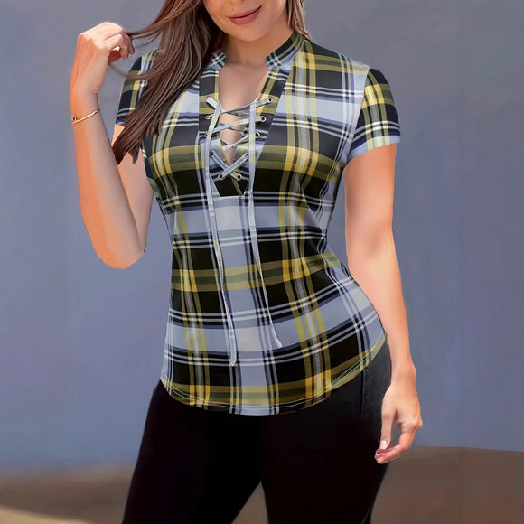 Blusa Cuadriculada con Cuello Camisero y Amarre en el Pecho
