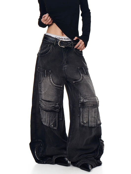 Pantalones Cargo Vintage Desgastados Multi-bolsillos Pierna Ancha Suelta - Image 4