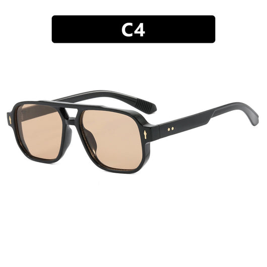 Black full-frame retro casual sunglasses with dark gray lenses and a double bridge, featuring gold accents. - Image 11