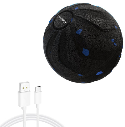 Black textured pet toy ball with blue accents and 'PetZynergy' logo, shown with a white USB-A to USB-C charging cable. - Image 9