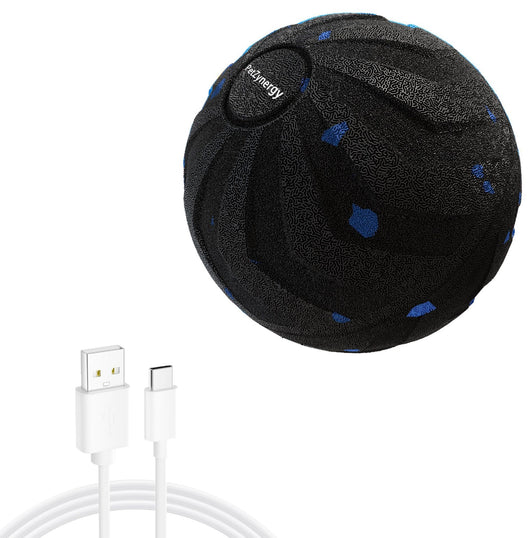 Black textured pet toy ball with blue accents and 'PetZynergy' logo, shown with a white USB-A to USB-C charging cable. - Image 9