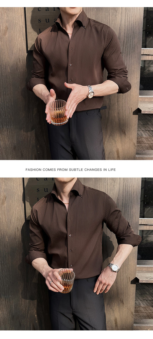 Camisa de Manga Larga con Rayas Oscuras Cuello en V para Hombre - Image 21