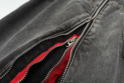 Shorts Vaquero Retro Negro y Rojo con Doble Cierre Lavado Vintage - Image 3