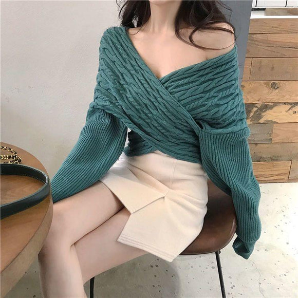 Suéter Retro con Escote en V y Detalle Trenzado - Estilo Coreano para Mujer