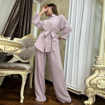 Conjunto Elegante de Camisa Holgada con Cordones y Pantalón Ancho