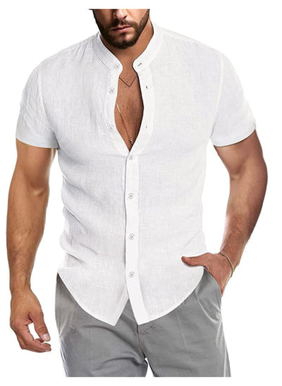 Camisa Cardigan de Lino con Cuello Alto y Manga Corta para Hombre - Image 13