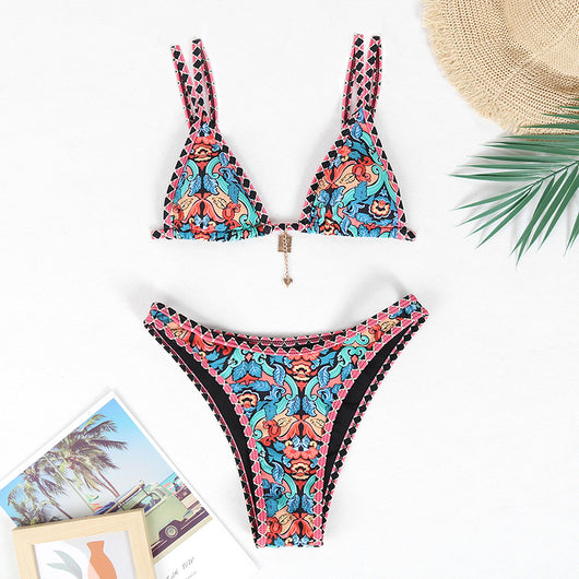 Retro 4-color printed women's bikini with red, blue, and white paisley pattern, featuring a triangle top and high-cut bottom. - Image 8