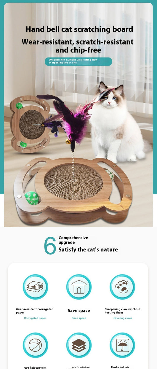 Multi-level cat scratcher with a round corrugated cardboard surface, a wooden track with a green ball, and a pink feather wand with a bell. - Image 11