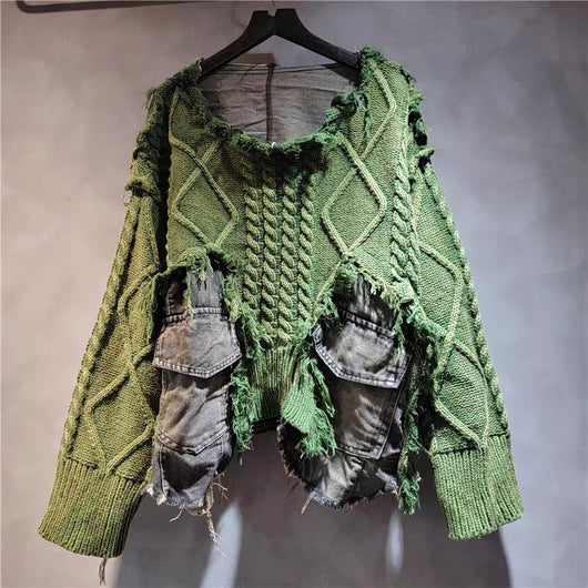 Suéter de Cuello Redondo Denim con Tejido Trenzado y Costuras de Diseño - Image 7