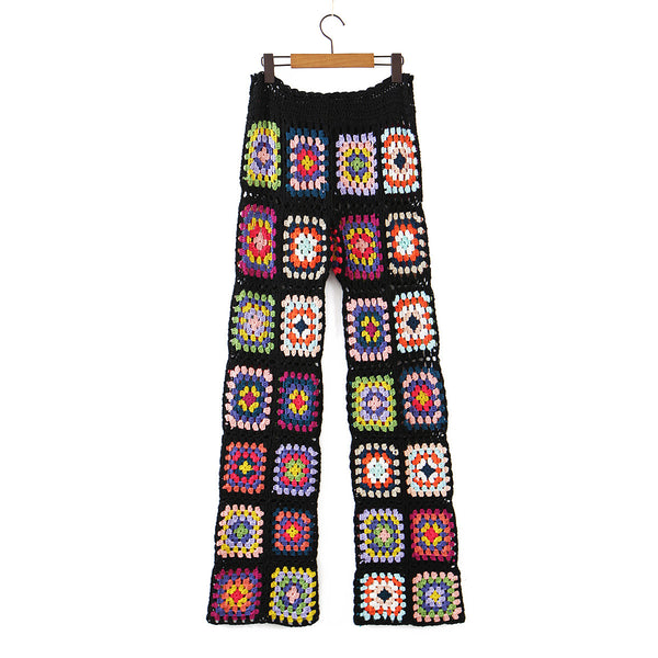 Pantalones Tejidos a Mano con Flores en Cintura Alta