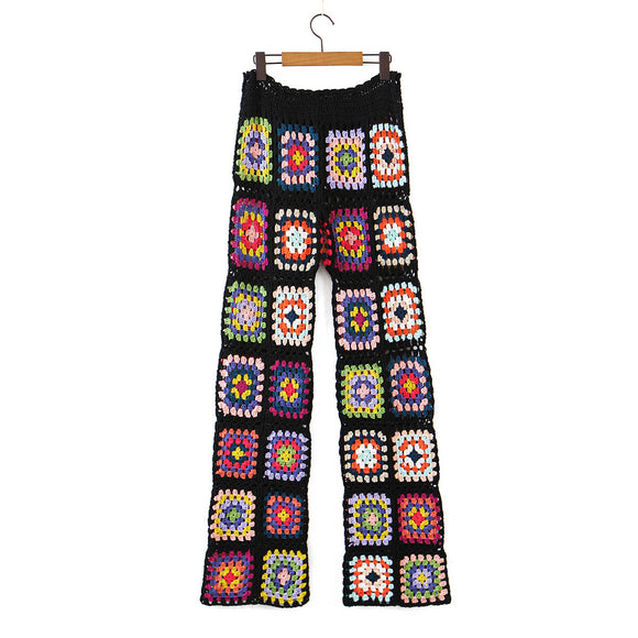 Calça Feita à Mão com Flores na Cintura Alta