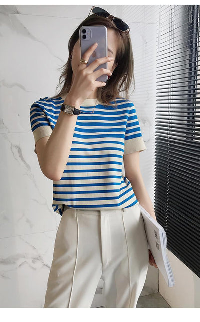 Blusa Holgada Ice Silk a Rayas con Cuello Redondo para Mujer - Image 12