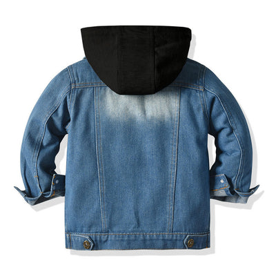 Children's blue denim jacket with a faded wash and a gray hooded insert, featuring front buttons and chest pockets. - Image 7