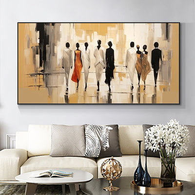 Cuadro Abstracto Moderno Personas en la Calle - Pintura al Óleo Minimalista para Sala de Estar