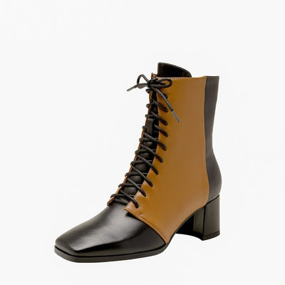 Botas de Cuero Retro con Bloque de Color, Punta Cuadrada y Tacón Grueso - Image 8