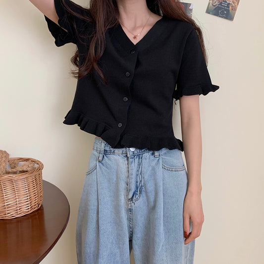 Suéter Cuello V Diseño Minoritario Negro Tejido Corto
