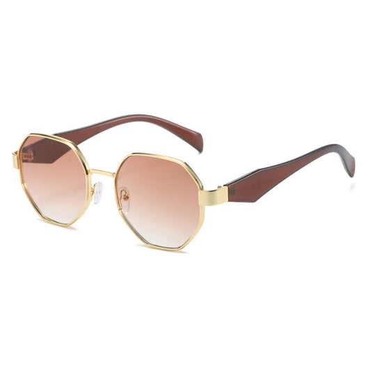 Polygonal sunglasses with a gold metal frame, beige temples, and dark black-gray lenses on a white background. - Image 6