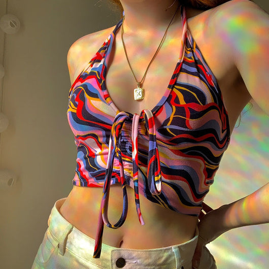 Top Halter Mujer con Pliegues Corrugados y Estampado Irregular - Image 10