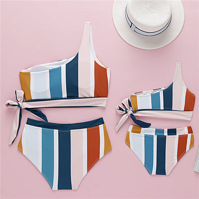One-shoulder striped parent-child bikini set with colorful vertical stripes, featuring an adult and child size. - Image 6