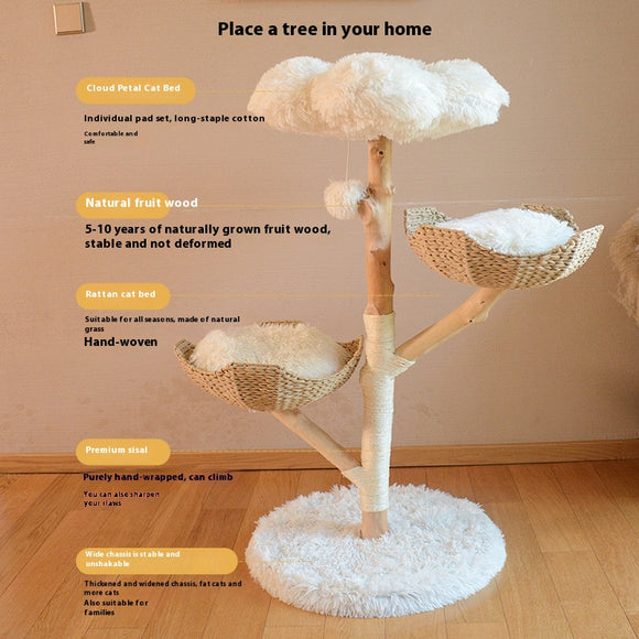 Árbol Rascador para Gatos con Nido de Madera Natural y Ratán