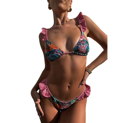 Sexy ruffled bikini with vibrant floral print and pink gingham trim, featuring a triangle top and low-rise bottom. - Image 5