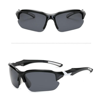 Black sports sunglasses with blue polarized lenses, shown from a front view and a three-quarter side view. - Image 20