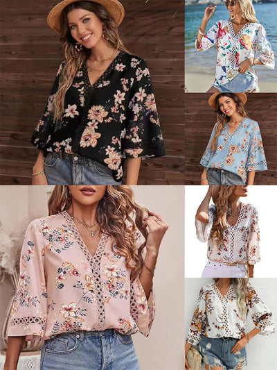 Blusa Elegante Suelta con Escote en V y Mangas Acampanadas de Encaje - Image 10