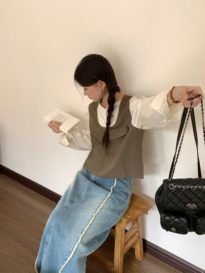 Blusa Minimalista Francesa de Dos Capas con Manga Larga para Mujer - Image 6
