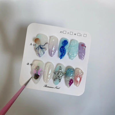 Uñas Postizas Artesanales Mundo Submarino Feliz Blanco - Manicura Larga Avanzada