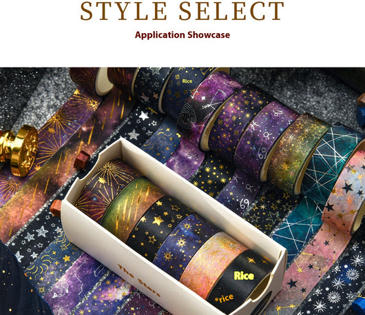 Set of six 1.5cm wide decorative tapes featuring starry sky, zodiac signs, moon phases, constellations, and planets. - Image 17