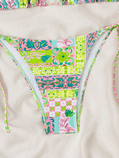 Female creative minimally printed split bikini set with a vibrant bohemian pattern and tie-side bottoms. - Image 21