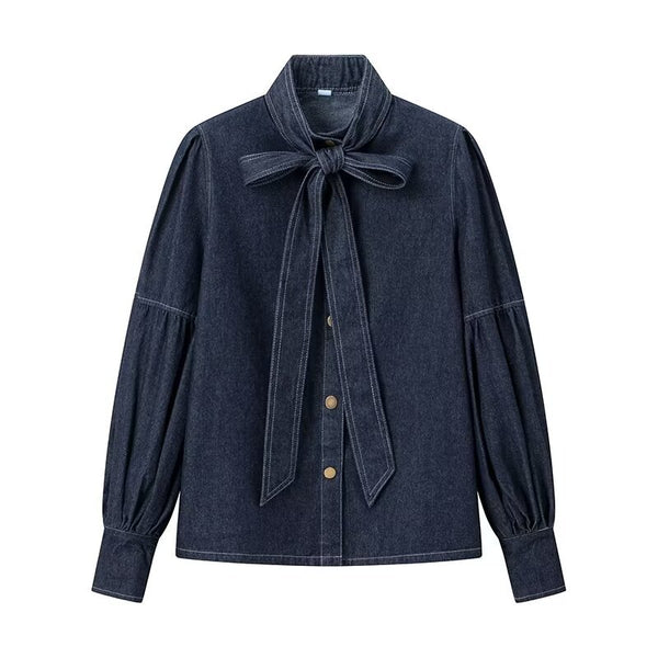 Camisa Denim Azul Oscuro Lavado - Diseño Casual con Cordones y Lazo